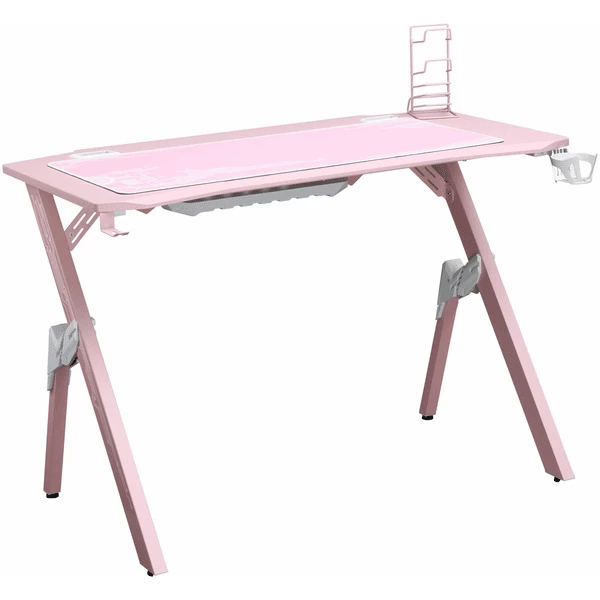 HOMCOM Gaming Tisch Mit Kopfhörerhaken, Getränkehalterung Und Controllerhalter Rosa